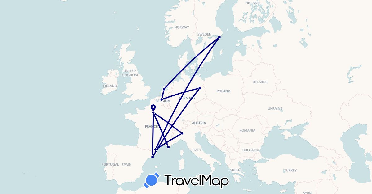 TravelMap itinerary: driving in Belgium, Germany, Spain, France, Italy, Netherlands, Sweden (Europe)